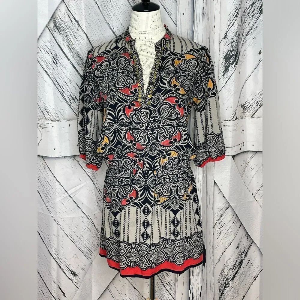 Angie Boho Mini Dress Gold Spangles Paisley L
